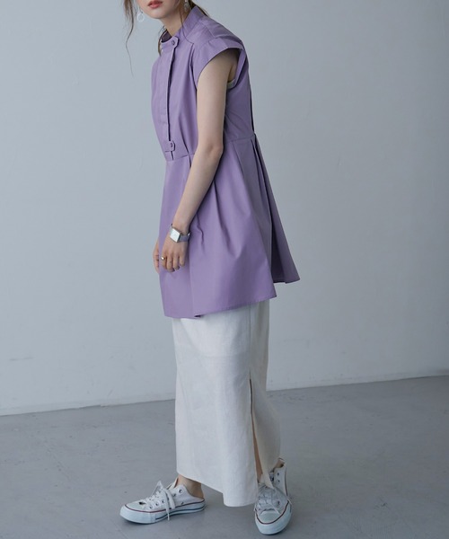 Fashion Letter（ファッションレター）の「スタンドカラー フレンチスリーブシャツ（シャツ/ブラウス・レディース・オフホワイト/パープル/グリーン/ブラック・M）」の11枚目の写真