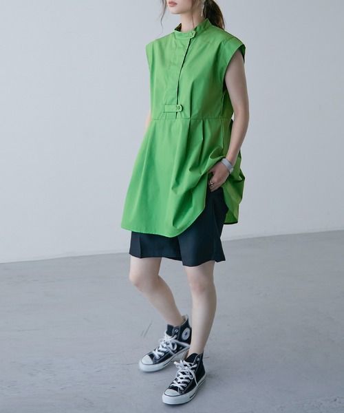 Fashion Letter（ファッションレター）の「スタンドカラー フレンチスリーブシャツ（シャツ/ブラウス・レディース・オフホワイト/パープル/グリーン/ブラック・M）」の21枚目の写真