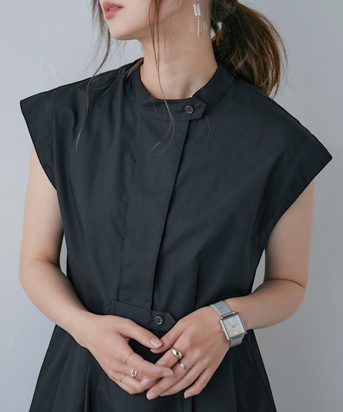 Fashion Letter（ファッションレター）の「スタンドカラー フレンチスリーブシャツ（シャツ/ブラウス・レディース・オフホワイト/パープル/グリーン/ブラック・M）」の8枚目の写真