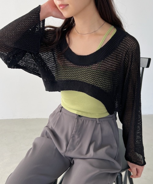 CLEA（クレア）の「メッシュサマーニットクロップド丈フレアスリーブボレロ（ニット/セーター・レディース・モカ/ホワイト/ブラック・FREE）」の15枚目の写真