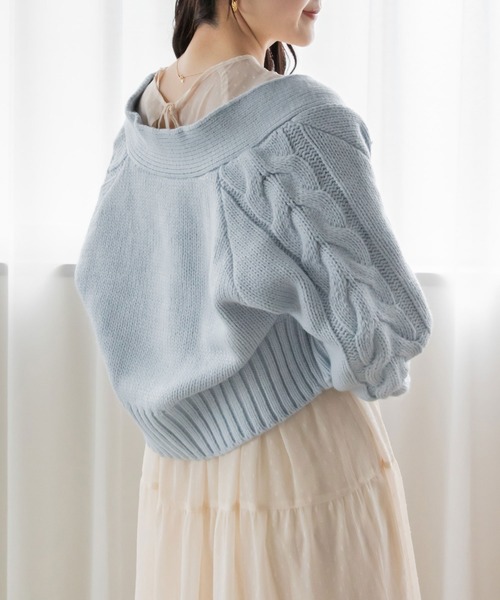 RANDA（ランダ）の「袖ケーブル編みニットボレロ（ニット/セーター・レディース・ブルー/グレー/ホワイト・FREE）」の3枚目の写真