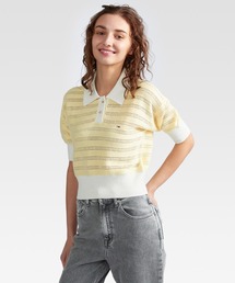 トミージーンズ　クロップド スクリプト サマーニット　襟付き半袖ポロシャツ tommy jeans（トミー ジーンズ）の「ポインテルクロップドポロ