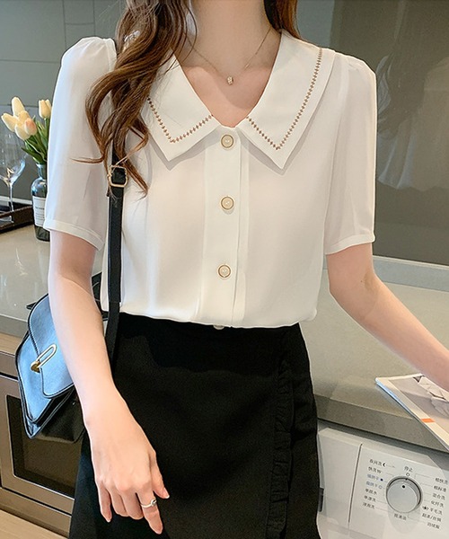 Dewlily(デューリリー)の「半袖フォーマルシャツ(シャツ/ブラウス・レディース・ホワイト/ブルー・M/L/XL)」の12枚目の写真