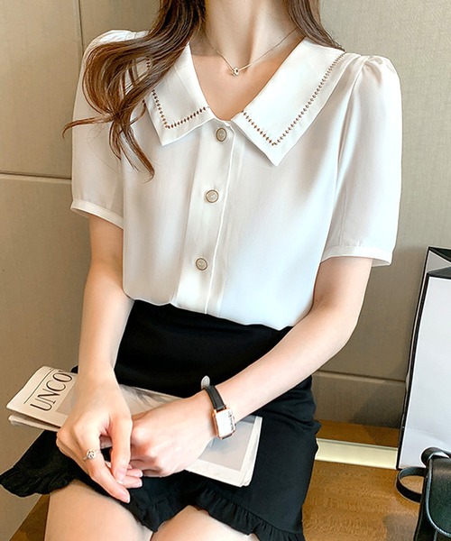 Dewlily(デューリリー)の「半袖フォーマルシャツ(シャツ/ブラウス・レディース・ホワイト/ブルー・M/L/XL)」の6枚目の写真