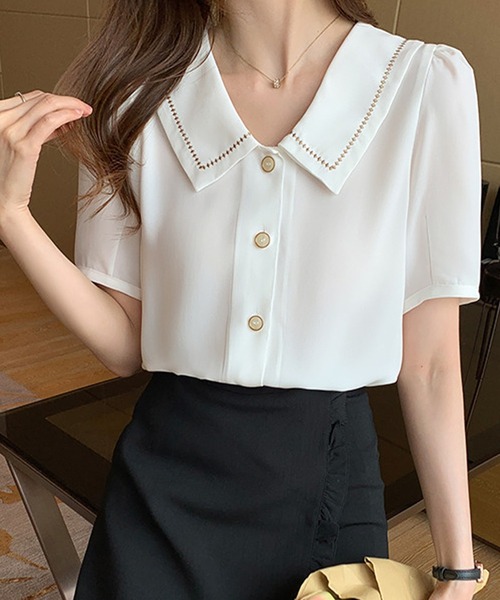 Dewlily(デューリリー)の「半袖フォーマルシャツ(シャツ/ブラウス・レディース・ホワイト/ブルー・M/L/XL)」の13枚目の写真