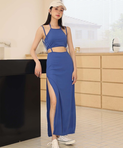 水着レディース体型カバーロングスカート付きハイネックリブビキニセットアップセパレート