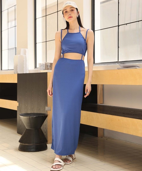 水着レディース体型カバーロングスカート付きハイネックリブビキニセットアップセパレート