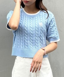 配色胸刺しゅうケーブル半袖ニット