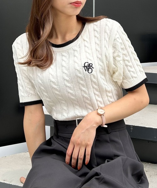 INGNI(イング)の「配色胸刺しゅうケーブル半袖ニット(ニット/セーター・レディース・ブラック×ホワイト/ブルー系2/ホワイト×ブラック/ライトグレー系4・M)」の20枚目の写真