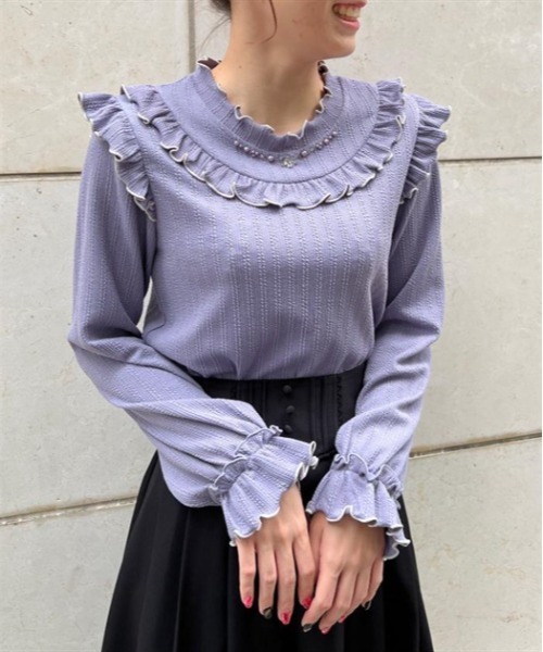 axes femme(アクシーズファム)の「ビジュー付配色フリルプルオーバー(Tシャツ/カットソー・レディース・ブルー/ホワイト/ラベンダー・FREE)」の4枚目の写真