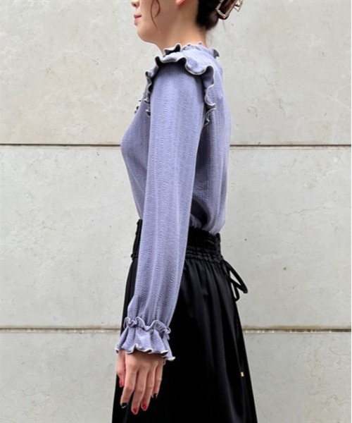 axes femme(アクシーズファム)の「ビジュー付配色フリルプルオーバー(Tシャツ/カットソー・レディース・ブルー/ホワイト/ラベンダー・FREE)」の5枚目の写真