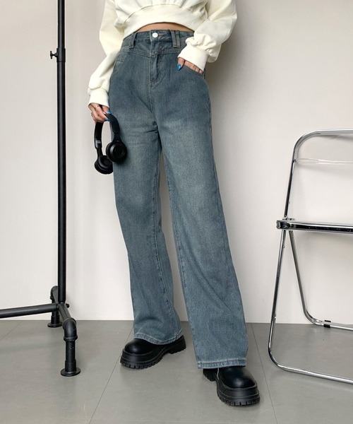 セール】ヘリンボーンデニムストレートパンツ（デニムパンツ）｜non 