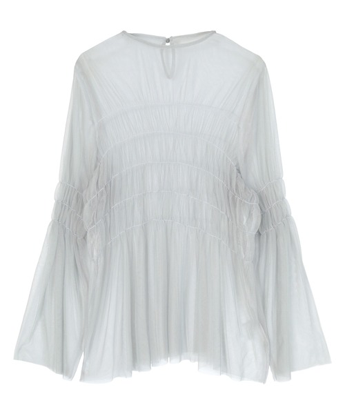 miette(ミエット)の「チュールシャーリングトップス(Tシャツ/カットソー・レディース・グレー/オフホワイト/ブラック・FREE)」の3枚目の写真