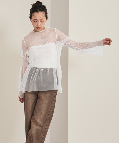miette(ミエット)の「チュールシャーリングトップス(Tシャツ/カットソー・レディース・グレー/オフホワイト/ブラック・FREE)」の19枚目の写真