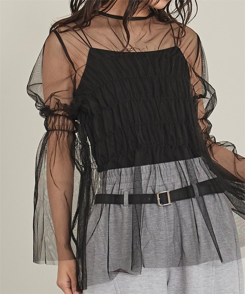 miette(ミエット)の「チュールシャーリングトップス(Tシャツ/カットソー・レディース・グレー/オフホワイト/ブラック・FREE)」の16枚目の写真