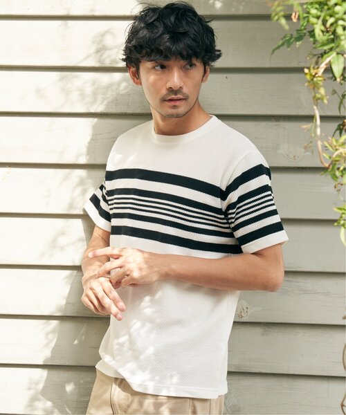 ikka(イッカ)の「パイナップルパネルボーダーTシャツ(Tシャツ/カットソー・メンズ・ホワイト/ネイビー/グレー・M/L/XL/S)」の4枚目の写真