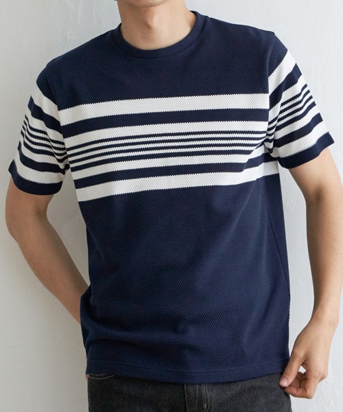 ikka(イッカ)の「パイナップルパネルボーダーTシャツ(Tシャツ/カットソー・メンズ・ホワイト/ネイビー/グレー・M/L/XL/S)」の3枚目の写真