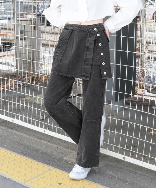 3.3 Field Trip （3.3フィールドトリップ）の「3.3 Field Trip／スカート SET パンツ /レイヤード/3WAY/ラップ/取り外し可能/2994159（デニムパンツ・レディース・ベージュ/ブラック/カーキ・MEDIUM/LARGE）」の2枚目の写真