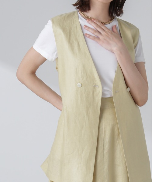 NANO universe（ナノユニバース）の「ベルト付リネンジレ(セットアップ可)（ノーカラージャケット・レディース・オフホワイト/ブラウン/イエロー・FREE）」の5枚目の写真