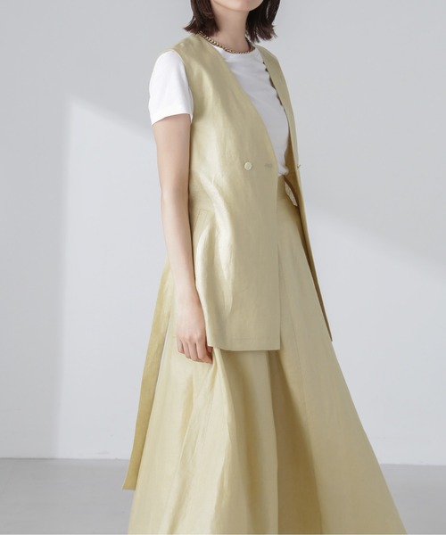 NANO universe（ナノユニバース）の「ベルト付リネンジレ(セットアップ可)（ノーカラージャケット・レディース・オフホワイト/ブラウン/イエロー・FREE）」の6枚目の写真