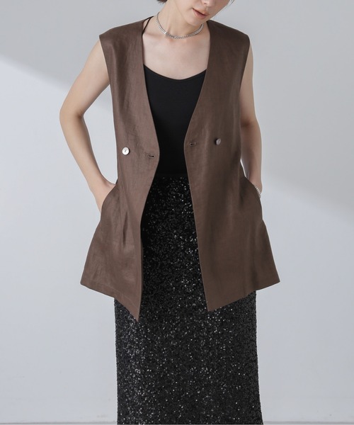 NANO universe（ナノユニバース）の「ベルト付リネンジレ(セットアップ可)（ノーカラージャケット・レディース・オフホワイト/ブラウン/イエロー・FREE）」の21枚目の写真