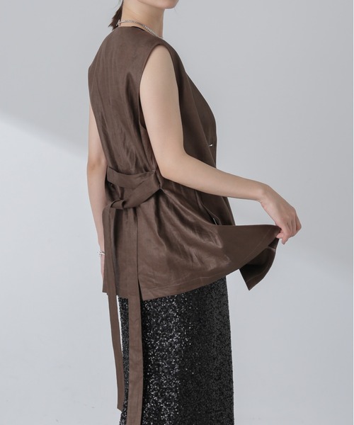 NANO universe（ナノユニバース）の「ベルト付リネンジレ(セットアップ可)（ノーカラージャケット・レディース・オフホワイト/ブラウン/イエロー・FREE）」の22枚目の写真