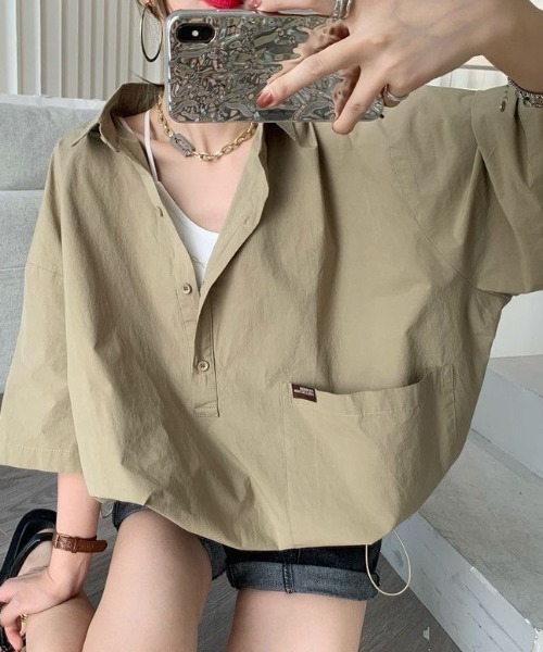 【セール】ドロストスキッパーBIGシャツ半袖プルオーバー(シャツ/ブラウス)|deux amour(ドゥーザムール) 【セール】ドロストスキッパーBIGシャツ半袖プルオーバー(シャツ/ブラウス)|deux amour(ドゥーザムール)