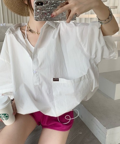 【セール】ドロストスキッパーBIGシャツ半袖プルオーバー(シャツ/ブラウス)|deux amour(ドゥーザムール) 【セール】ドロストスキッパーBIGシャツ半袖プルオーバー(シャツ/ブラウス)|deux amour(ドゥーザムール)