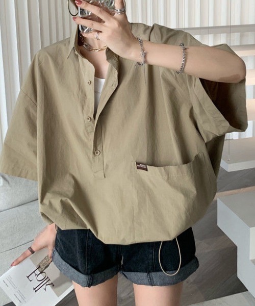 【セール】ドロストスキッパーBIGシャツ半袖プルオーバー(シャツ/ブラウス)|deux amour(ドゥーザムール) 【セール】ドロストスキッパーBIGシャツ半袖プルオーバー(シャツ/ブラウス)|deux amour(ドゥーザムール)