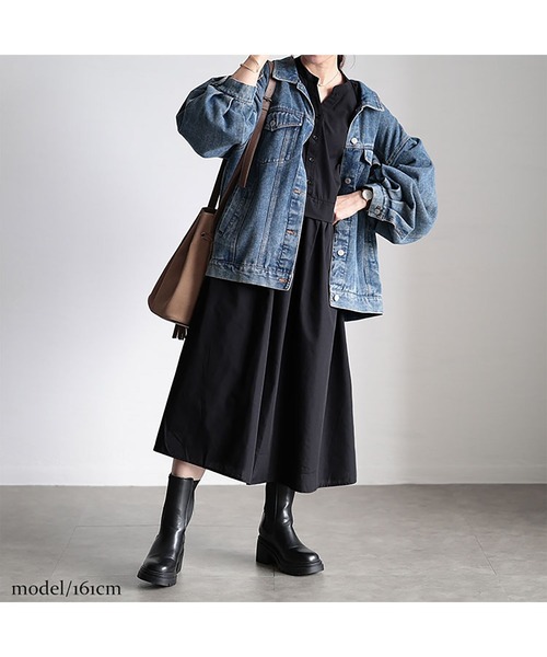 GOLDJAPAN(ゴールドジャパン)の「レイヤード風スキッパーネックフレアワンピース【大きいサイズ対応】(ワンピース・レディース・グレー/ブラック・3L/4L/5L/LL)」の9枚目の写真