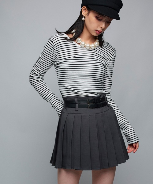 セール】ダブルベルトミニスカート チェックニットスカート（スカート