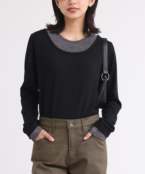 n'OrLABEL(ノアールレーベル)の「ラメ切替リブカットソー(Tシャツ/カットソー・レディース・グレー/ブラック/アイボリー・3L/L~LL/S~M)」の1枚目の写真