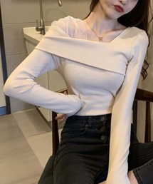 チュール切り替え　オフショルダー長袖Tシャツ