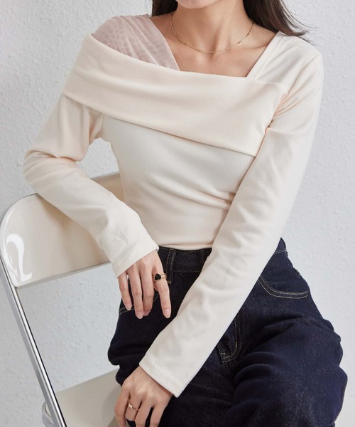 MAISON DE THERESE(メゾン ド テレーズ)の「チュール切り替え オフショルダー長袖Tシャツ(Tシャツ/カットソー・レディース・ブラック/ベージュ/モカ・M)」の22枚目の写真