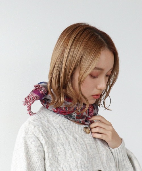 【セール】花柄＆チェック柄ジャガードショール（ストール/ショール）｜Three Four Time（スリーフォータイム）