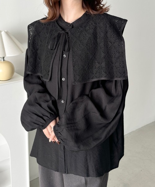 Drawer ブラックシースルーブラウス フリル付き セール】3wayビッグレース襟付きブラウス（シャツ/ブラウス）｜CLEA