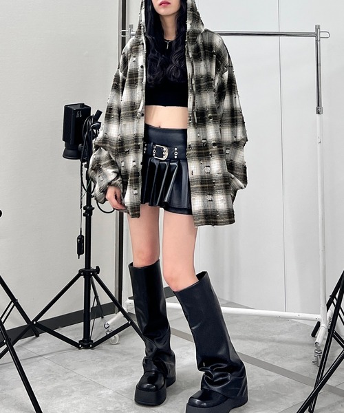 Figments（フィグメンツ）の「ダメージフードチェックシャツ（シャツ/ブラウス・レディース・ブラック/ブラウン・FREE）」の18枚目の写真