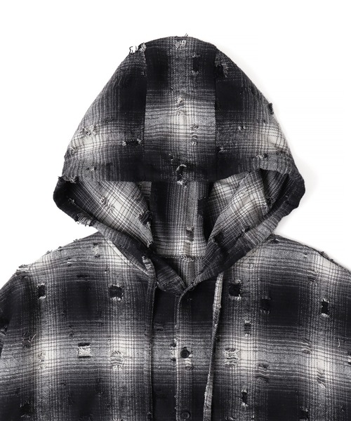 Figments（フィグメンツ）の「ダメージフードチェックシャツ（シャツ/ブラウス・レディース・ブラック/ブラウン・FREE）」の17枚目の写真