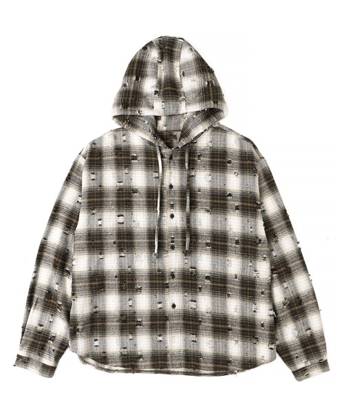 Figments（フィグメンツ）の「ダメージフードチェックシャツ（シャツ/ブラウス・レディース・ブラック/ブラウン・FREE）」の12枚目の写真