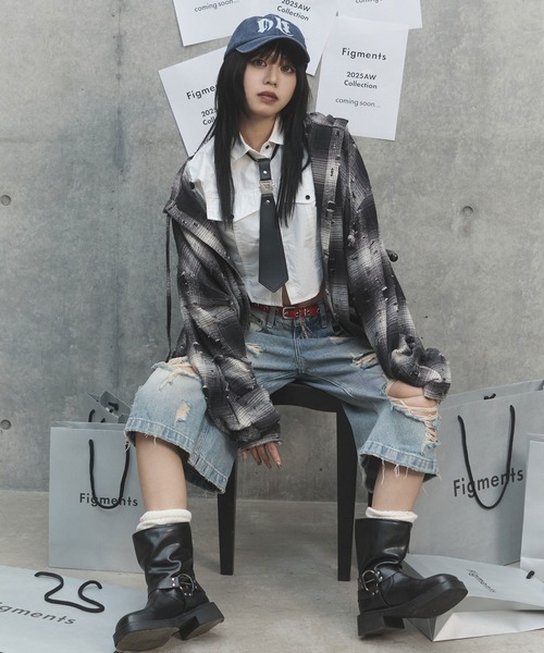 Figments（フィグメンツ）の「ダメージフードチェックシャツ（シャツ/ブラウス・レディース・ブラック/ブラウン・FREE）」の3枚目の写真