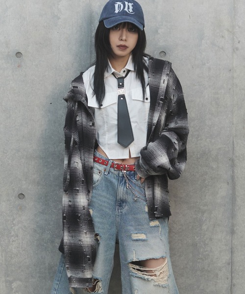 Figments（フィグメンツ）の「ダメージフードチェックシャツ（シャツ/ブラウス・レディース・ブラック/ブラウン・FREE）」の6枚目の写真