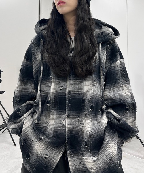 Figments（フィグメンツ）の「ダメージフードチェックシャツ（シャツ/ブラウス・レディース・ブラック/ブラウン・FREE）」の10枚目の写真