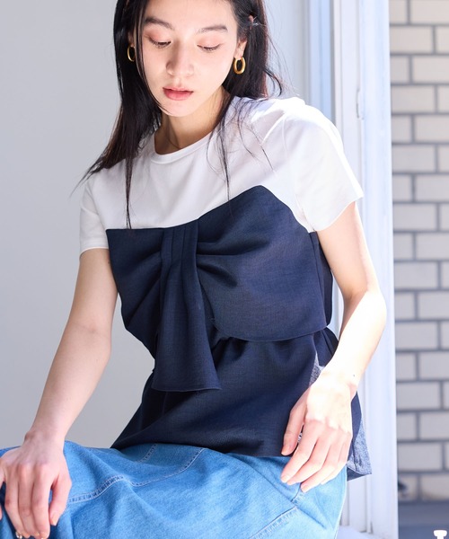 VIS（ビス）の「【新色追加】【美easy】ねじりリボンTシャツドッキングプルオーバー【接触冷感/洗える】（Tシャツ/カットソー・レディース・キナリ/グリーン系その他2/ブラック/ブルー/ネイビー/オレンジ系その他4/チャコールグレー・FREE）」の5枚目の写真