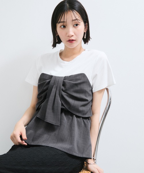 VIS（ビス）の「【新色追加】【美easy】ねじりリボンTシャツドッキングプルオーバー【接触冷感/洗える】（Tシャツ/カットソー・レディース・キナリ/グリーン系その他2/ブラック/ブルー/ネイビー/オレンジ系その他4/チャコールグレー・FREE）」の4枚目の写真