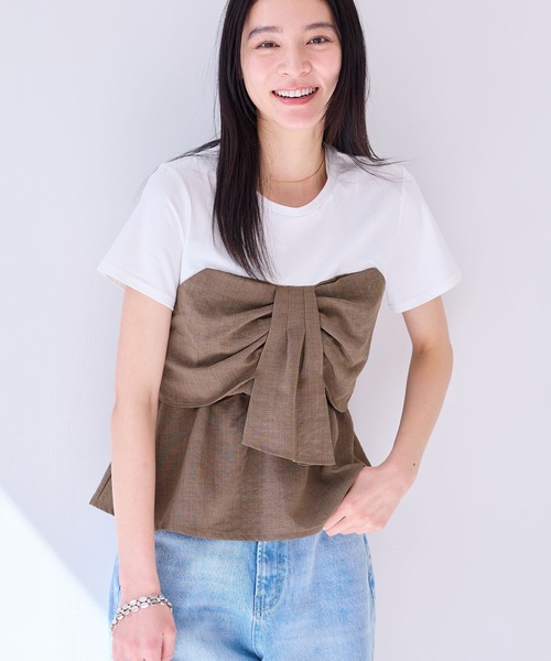 tシャツ 「新色追加」「美easy」ねじりリボンTシャツドッキングプルオーバー「接触冷感/洗える」 レディース 新色追加】【美easy】ねじりリボンTシャツドッキングプル