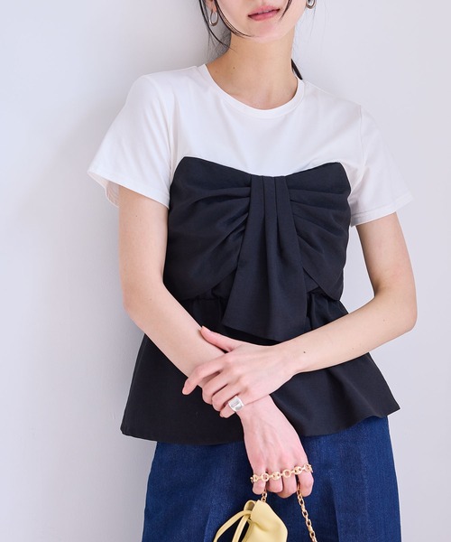 新色追加】【美easy】ねじりリボンTシャツドッキングプルオーバー