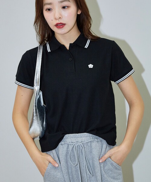 MARY QUANT 黒 ポロシャツ 半袖 マリークヮント MARY QUANT 黒 ポロシャツ 半袖 花ロゴ - メルカリ