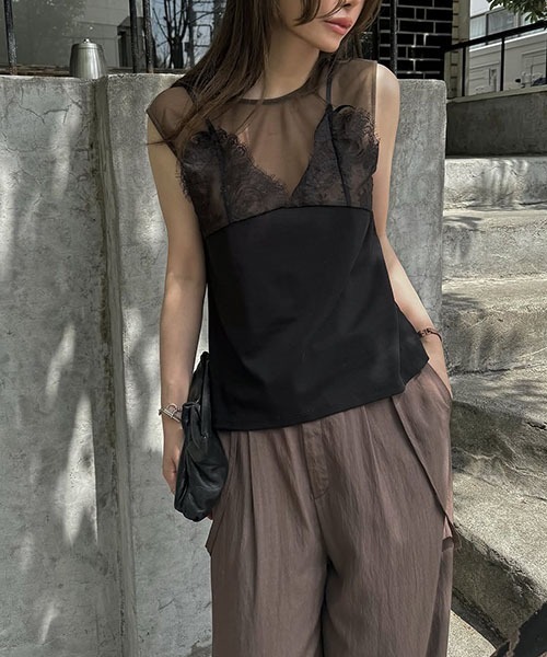 セール】sheer cut and sew layered lace tops（Tシャツ