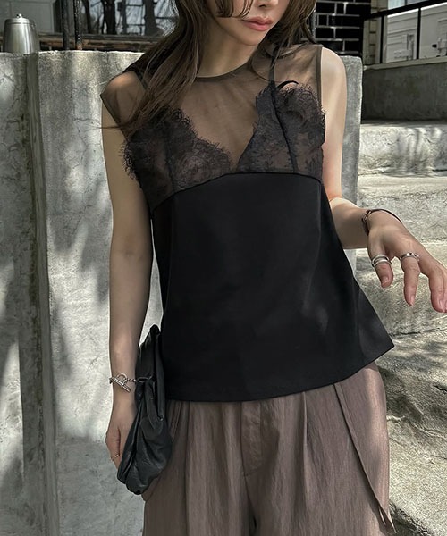 セール】sheer cut and sew layered lace tops（Tシャツ