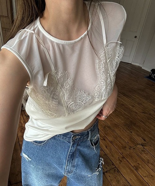 aere layered cut&sew Tシャツ セール】sheer cut and sew layered lace tops（Tシャツ